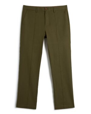 A pair of The Brisa Linen Trouser - Berdea by Dandy Del Mar, featuring front pleats, side pockets, and a button closure at the waist in olive green.