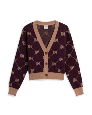 A chic cropped silhouette cardigan in a brown and maroon geometric monogram pattern with "LDM" initials throughout, known as The Canela Cardigan - Amethyst by Dandy Del Mar.