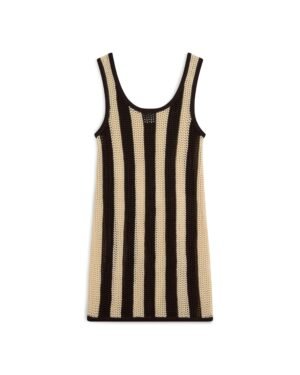 The Malta Crochet Dress by Dandy Del Mar features a sleeveless design with vertical black and beige stripes on a white background.