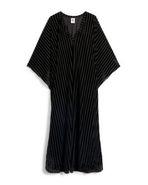 The Marsala Kaftan - Onyx by Dandy Del Mar is a black knee-length dress with wide, short sleeves featuring subtle, narrow vertical stripes.