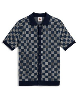 The Martinique Sweater-Knit Shirt - Anchor by Dandy Del Mar is a short-sleeve shirt featuring an iconic check-knit pattern in blue, white, and beige with a navy collar.