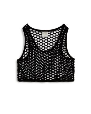 A black fishnet crop top with large mesh holes and a label reading "Dandy Del Mar" is displayed against a white background, capturing the essence of cropped styling reminiscent of The Montserrat Crochet Tank - Onyx.