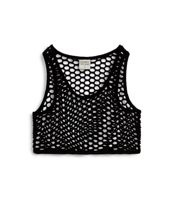 A black fishnet crop top with large mesh holes and a label reading "Dandy Del Mar" is displayed against a white background, capturing the essence of cropped styling reminiscent of The Montserrat Crochet Tank - Onyx.