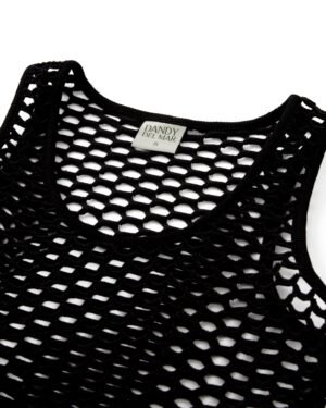 The Montserrat Crochet Tank - Onyx from Dandy Del Mar features a black mesh design with a label displaying 