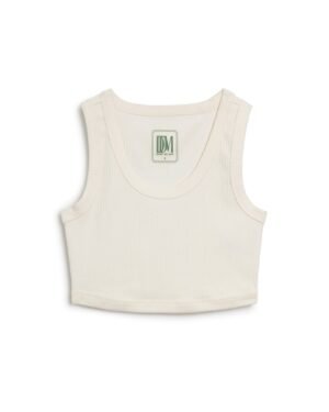 A white crop top with a green logo on it, the Dandy Del Mar Seine Rib Tank - Shell.