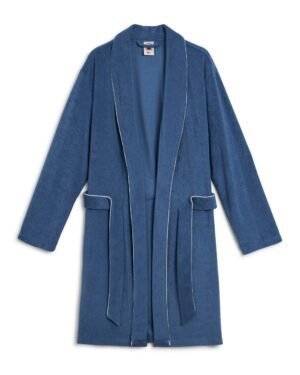 The Tropez Robe - Annapolis by Dandy Del Mar is an ultra-soft blue bathrobe with an above-the-knee fit, white piping, long sleeves, a shawl collar, pockets, and a matching belt.