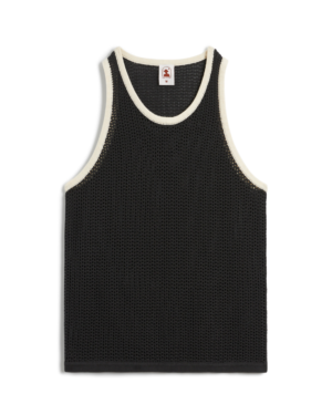 The Dominica Crochet Tank - Albatross by Dandy Del Mar is a black mesh tank top with white trim, featuring a relaxed fit and displayed against a white background.