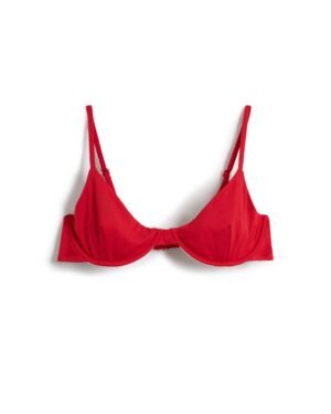 A red underwire bralette with adjustable straps on a white background is The Avila Top - Pico by Dandy Del Mar.