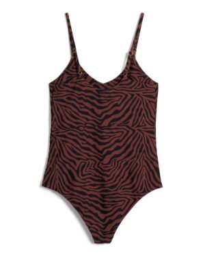 The Deia One Piece - Onyx by Dandy Del Mar is a one-piece swimsuit with thin straps, showcasing a striking black and brown zebra print pattern, and designed with a high-cut cheeky style perfect for women's swimwear.