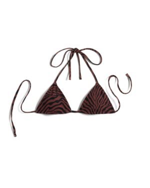 The Hierro Top - Onyx, a brown and black zebra print bikini top with adjustable halter neck and back ties from Dandy Del Mar, embodies minimalist design. Laid flat on a white surface, it promises UV bliss for your sun-soaked days.