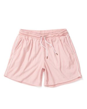 The Gaucho Shorts - Mauve by Dandy Del Mar, featuring a comfortable design with drawstrings and white trim, crafted from soft fabric, are laid flat against a white background.