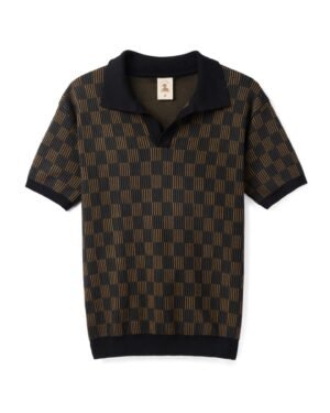 The Sebastian Knit Polo - Onyx by Dandy Del Mar is an Italian knit short-sleeve shirt with a black and brown checkerboard pattern, featuring a sleek black collar.